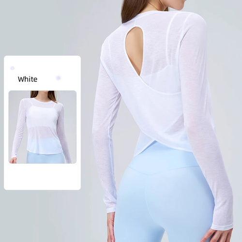 Women Backless Loose Yoga T-shirts Summer Round Collar Long Sleeve