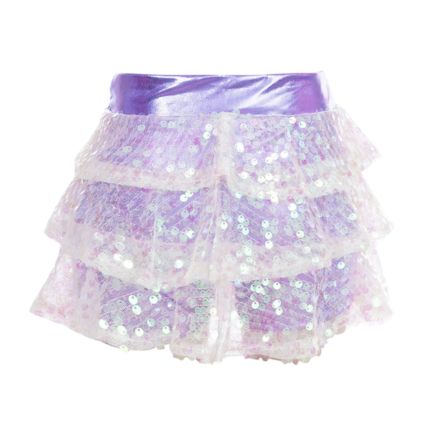 Girls Metallic Culottes Dance Skirt 2025 Kids Shiny Sequins Elastic Waistband Tiered Ruffled Skirted Birthday Party Costume
