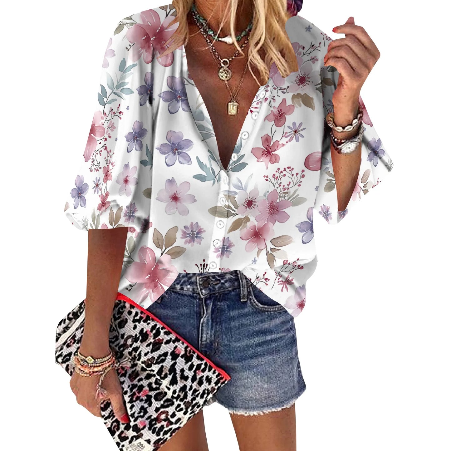 Womens Button Down Little Dainty Flower Pattern Shirts 3/4 Sleeve Dressy Casual Tops Pleated Business Floral Blouses 2025