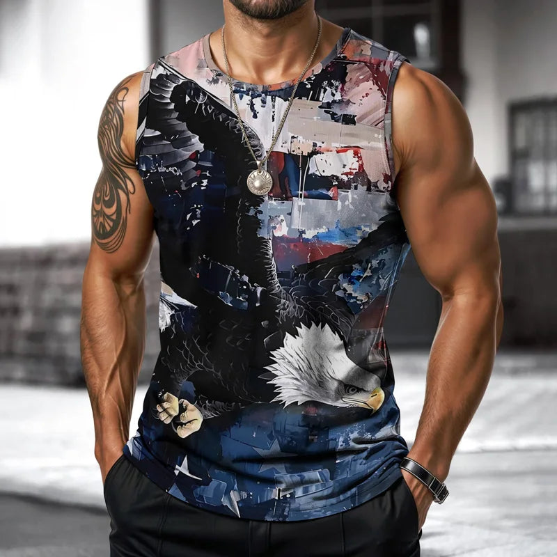 Mens Vest USA Street Fashion Round Neck Sleeveless T Shirt Printed Daily Outdoor Sports Fitness Running Top Eagle Independence