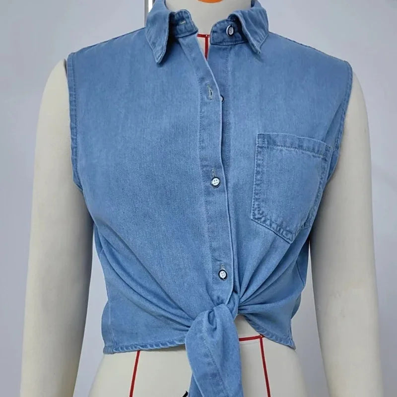Summer New Lace-up Hem Single Pocket Splice Shirt Women Lapel Single-breasted Cardigan Thin Denim Blouse Female Sleeveless Tops