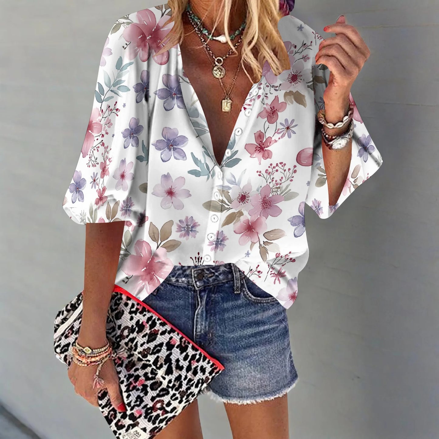 Womens Button Down Little Dainty Flower Pattern Shirts 3/4 Sleeve Dressy Casual Tops Pleated Business Floral Blouses 2025