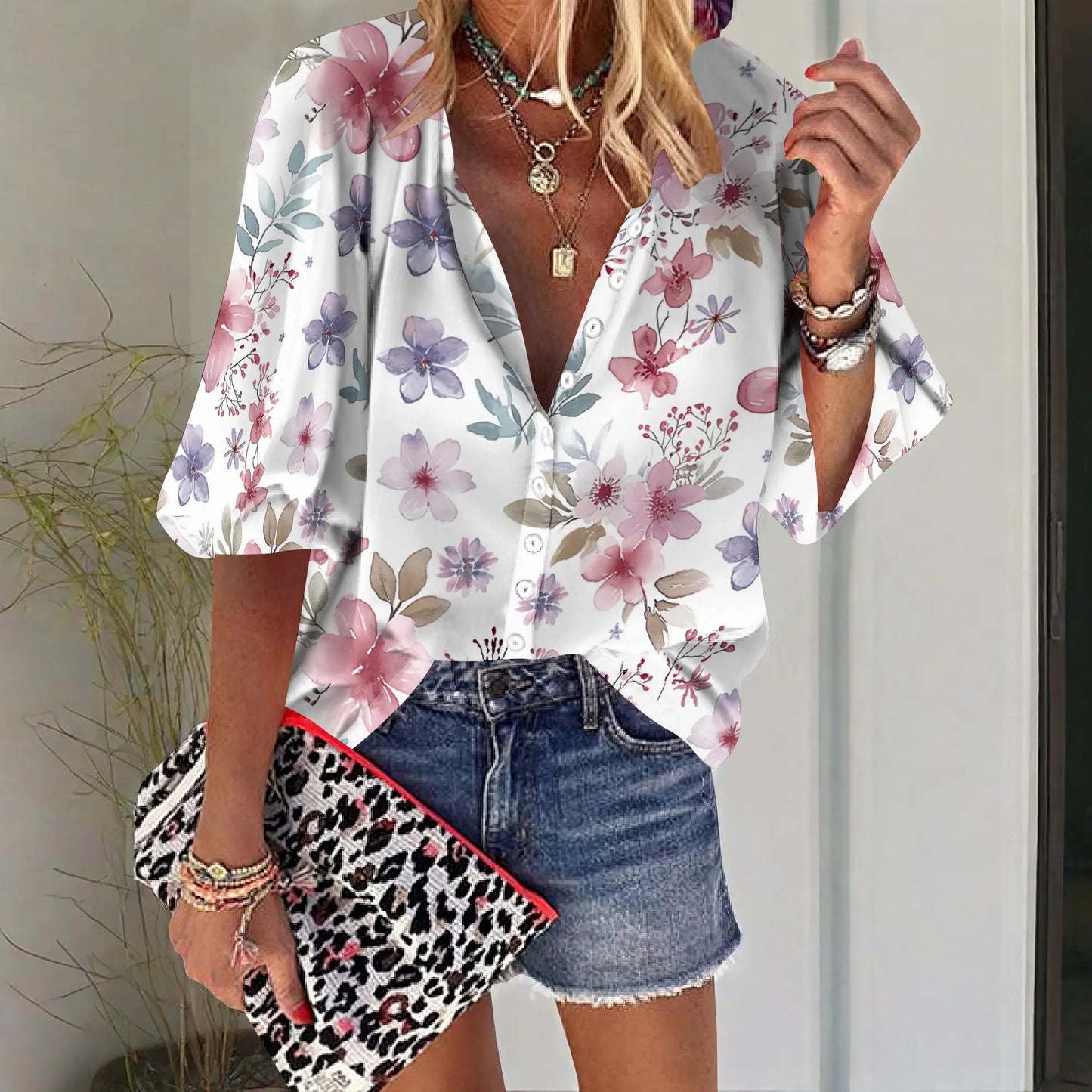 Womens Button Down Little Dainty Flower Pattern Shirts 3/4 Sleeve Dressy Casual Tops Pleated Business Floral Blouses 2025