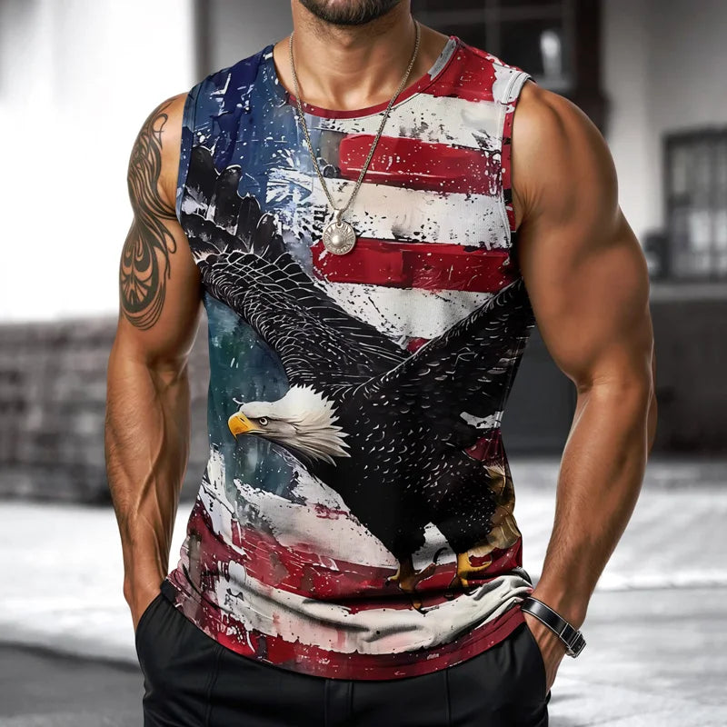 Mens Vest USA Street Fashion Round Neck Sleeveless T Shirt Printed Daily Outdoor Sports Fitness Running Top Eagle Independence