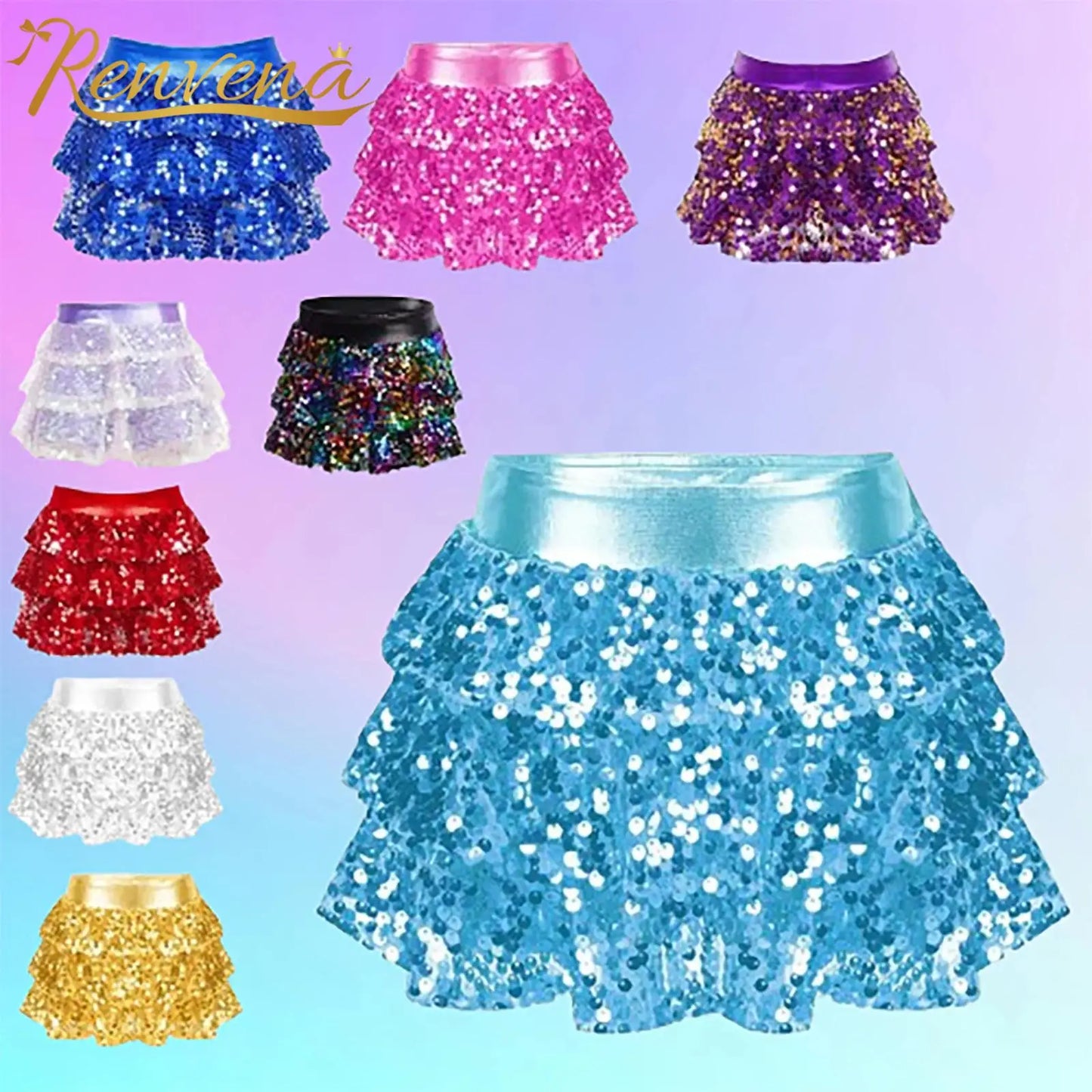 Girls Metallic Culottes Dance Skirt 2025 Kids Shiny Sequins Elastic Waistband Tiered Ruffled Skirted Birthday Party Costume
