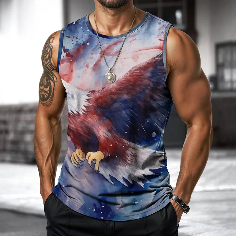 Mens Vest USA Street Fashion Round Neck Sleeveless T Shirt Printed Daily Outdoor Sports Fitness Running Top Eagle Independence