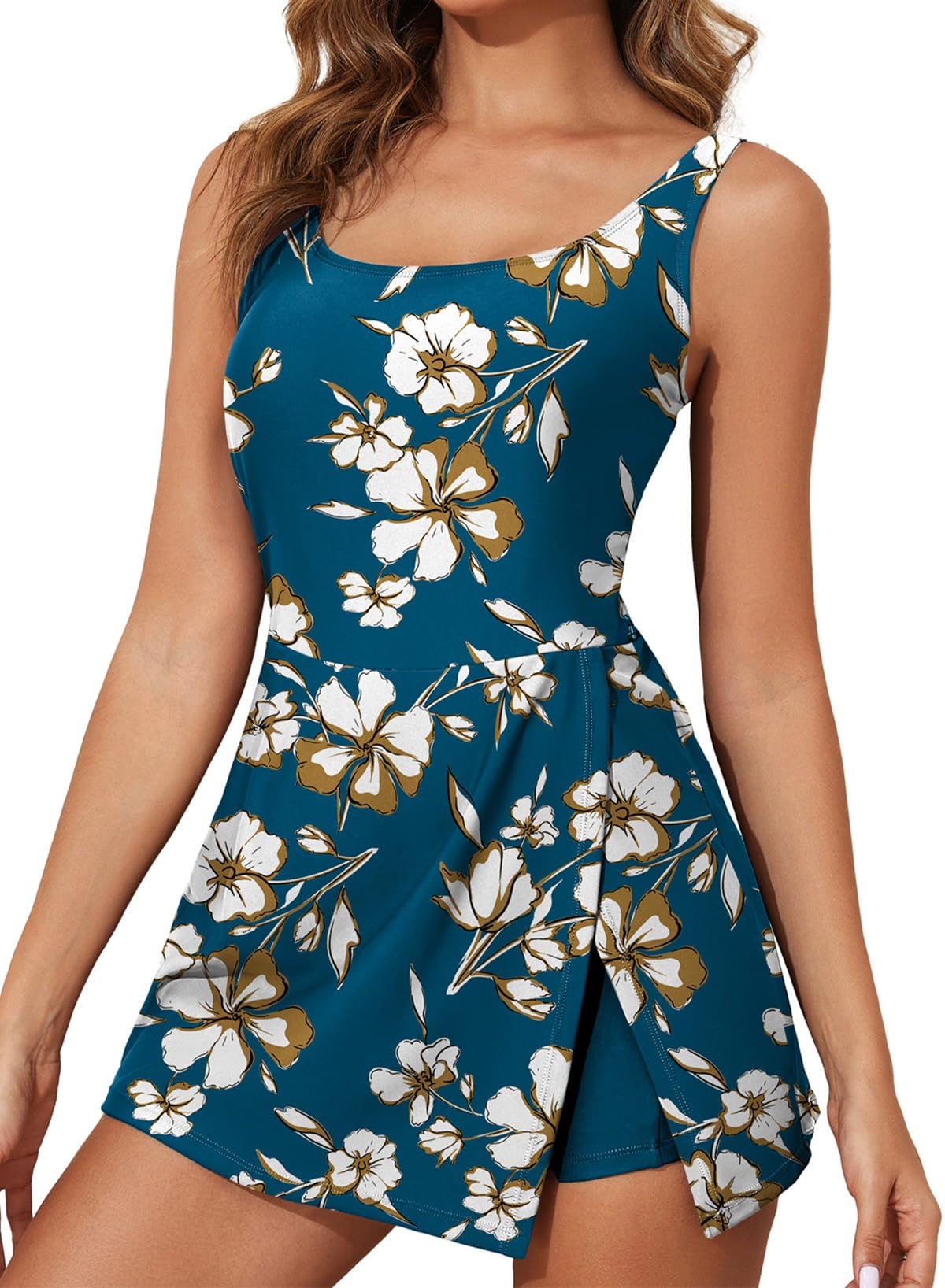 Aleumdr One Piece Swimdress Swimsuit for Women Tummy Control Split Swim Dress Skirt Bathing Suit with Pockets