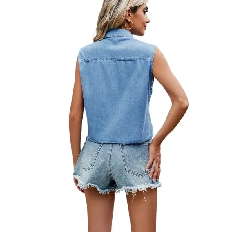 Summer New Lace-up Hem Single Pocket Splice Shirt Women Lapel Single-breasted Cardigan Thin Denim Blouse Female Sleeveless Tops