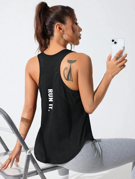 Women's stitched letters quick-drying sports vest, breathable net yoga