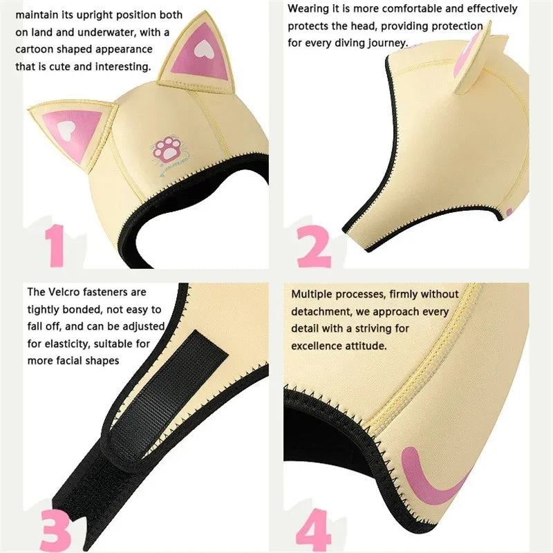 Cat Ears Diving Hood 3mm Neoprene Wetsuit Hood Cute Women Swim Cap for