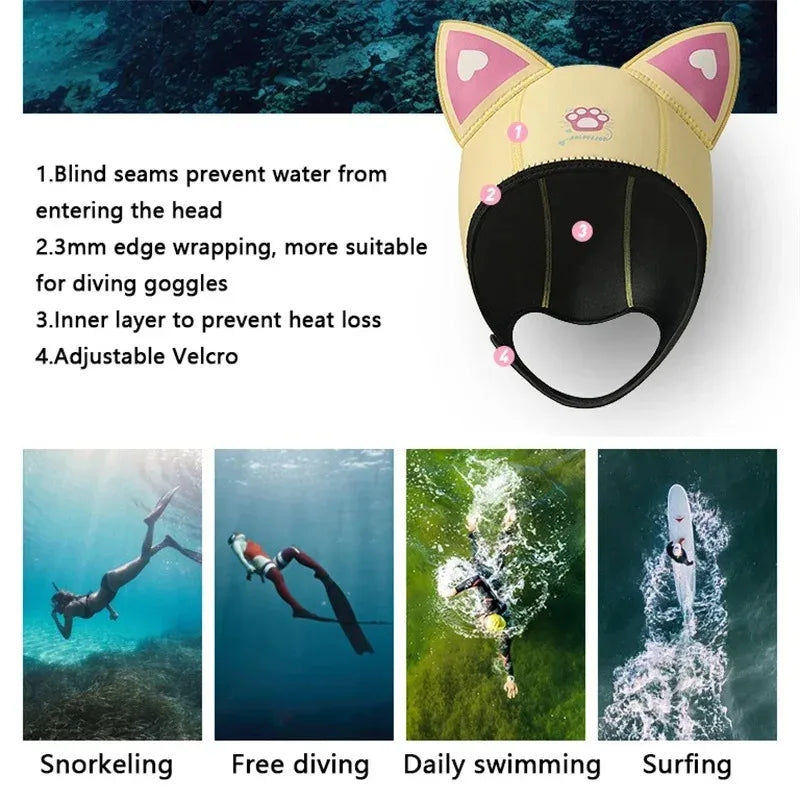 Cat Ears Diving Hood 3mm Neoprene Wetsuit Hood Cute Women Swim Cap for