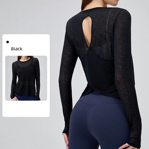 Women Backless Loose Yoga T-shirts Summer Round Collar Long Sleeve