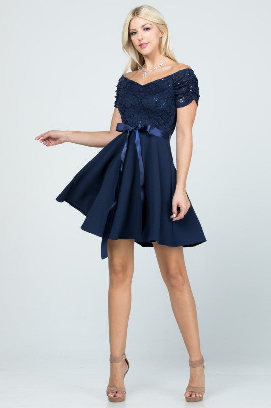 off the shoulder ruched sleeve lace and crepe fit and flare dress with waist satin sash casual
