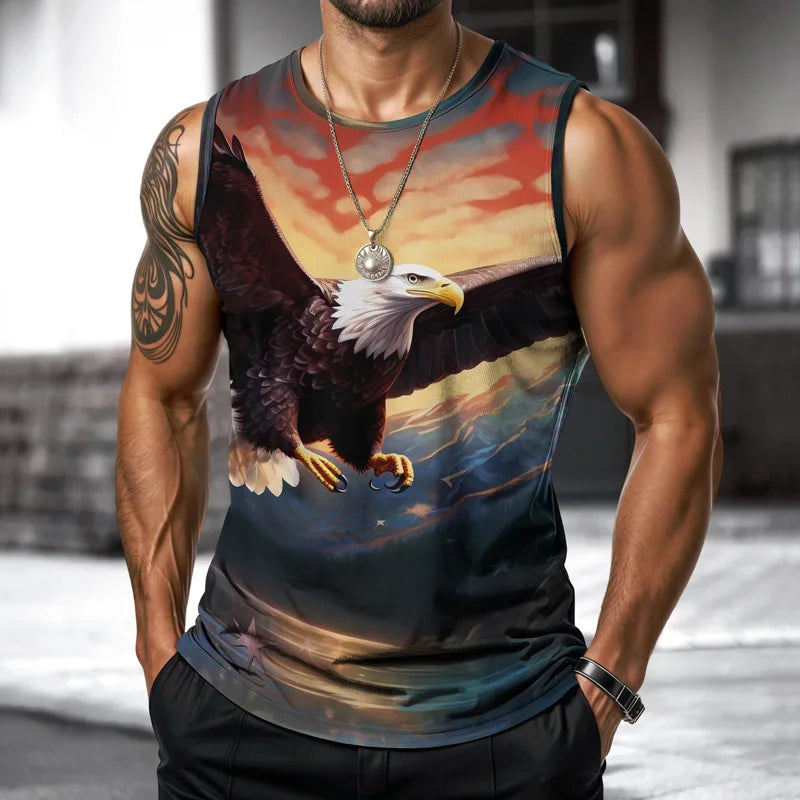 Mens Vest USA Street Fashion Round Neck Sleeveless T Shirt Printed Daily Outdoor Sports Fitness Running Top Eagle Independence