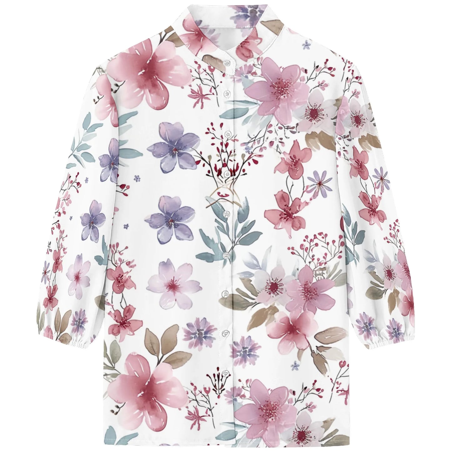 Womens Button Down Little Dainty Flower Pattern Shirts 3/4 Sleeve Dressy Casual Tops Pleated Business Floral Blouses 2025