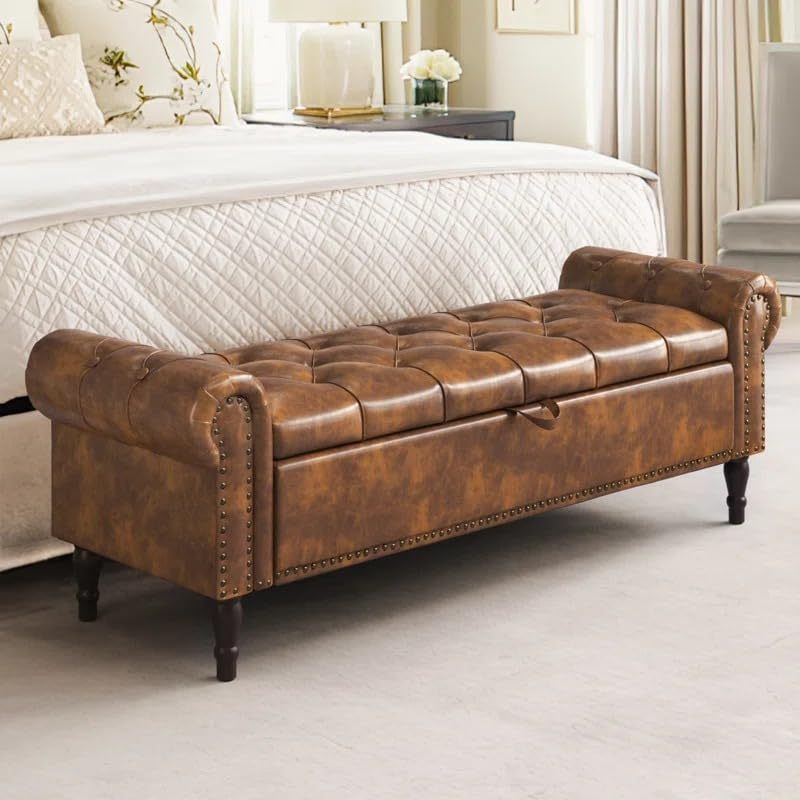 Brown Leather Storage Ottoman Bench