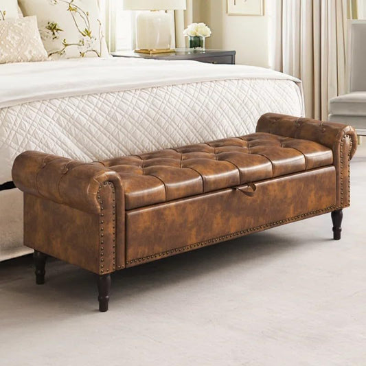 Brown Leather Storage Ottoman Bench