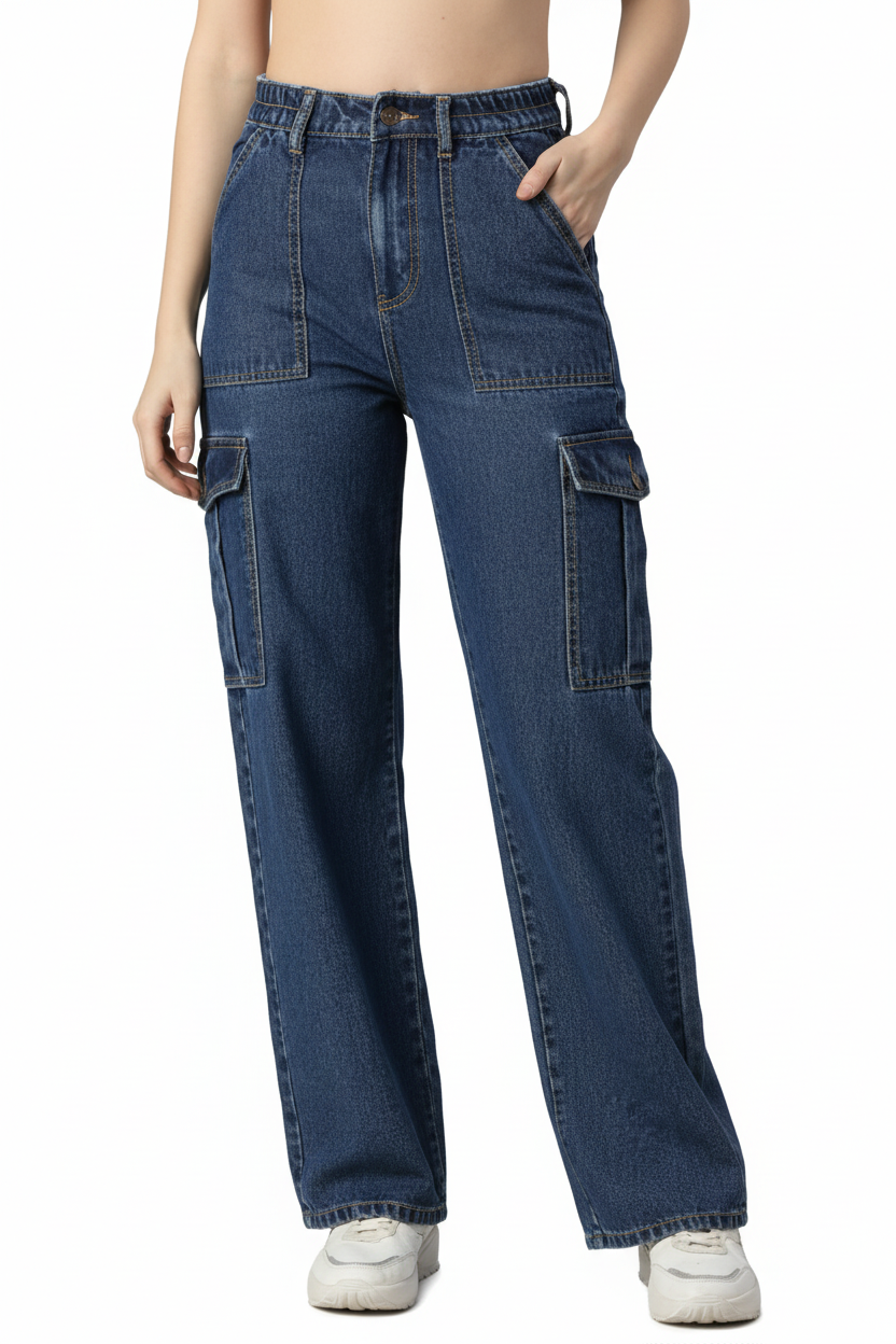 High Rise Denim Cargo Jeans